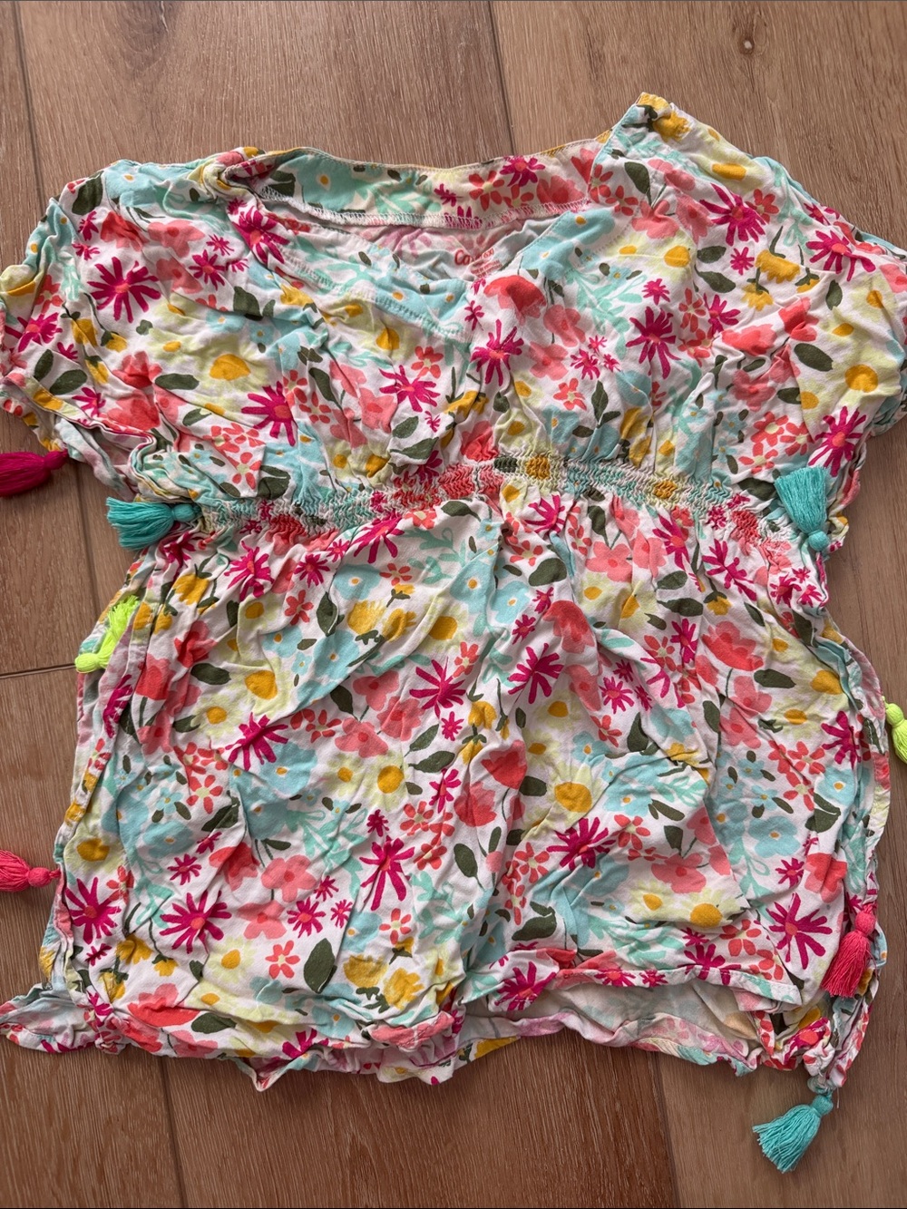 Cat & Jack Floral Tassel-Trim Short Sleeve Tunic - Pink Multi